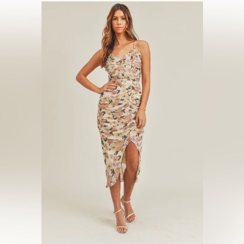 Vici Floral Ruched Midi Dress in Cream with Pink & Green Accents - Picture 2 of 16